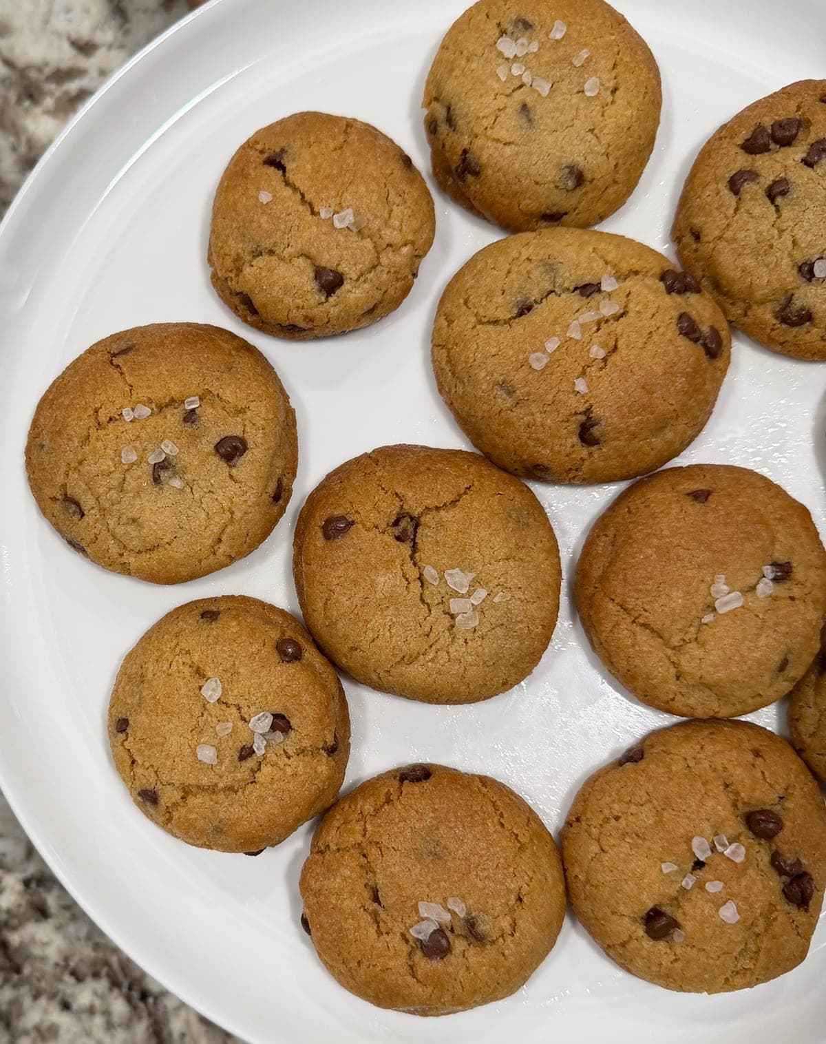 A white platter of thick, round chocolate chip cookies studded with small chocolate chips and topped with coarse flakes of sea salt.